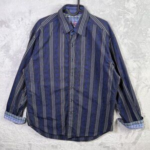 Robert Graham Men's Button Up Shirt Striped LARGE Blue Flip Cuff Casual